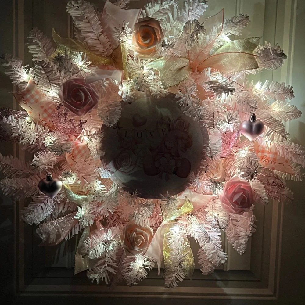 Handmade 22” Valentine’s Day Pink Flocked Garland Gnome LED Wreath W30